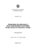 prikaz prve stranice dokumenta Prikriveno oglašavanje u hrvatskim ženskim časopisima: studija lsučaja Cosmopolitana i Grazije