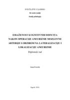 prikaz prve stranice dokumenta Izraženost kognitivnih deficita nakon operacije aneurizme mozgovne arterije s obzirom na lateralizaciju i lokalizaciju aneurizme