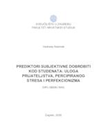 prikaz prve stranice dokumenta Prediktori subjektivne dobrobiti kod studenata: uloga prijateljstva, perfekcionizma i percipiranog stresa