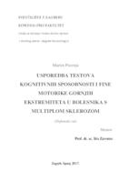 prikaz prve stranice dokumenta Usporedba testova kognitivnih sposobnosti i fine motorike gornjih ekstremiteta u bolesnika s multiplom sklerozom