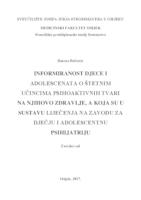 prikaz prve stranice dokumenta Informiranost djece i adolescenata o štetnim učincima psihoaktivnih tvari na njihovo zdravlje, a koja su u sustavu liječenja na Odjelu za dječju I adolescentnu psihijatriju s dnevnom bolnicom